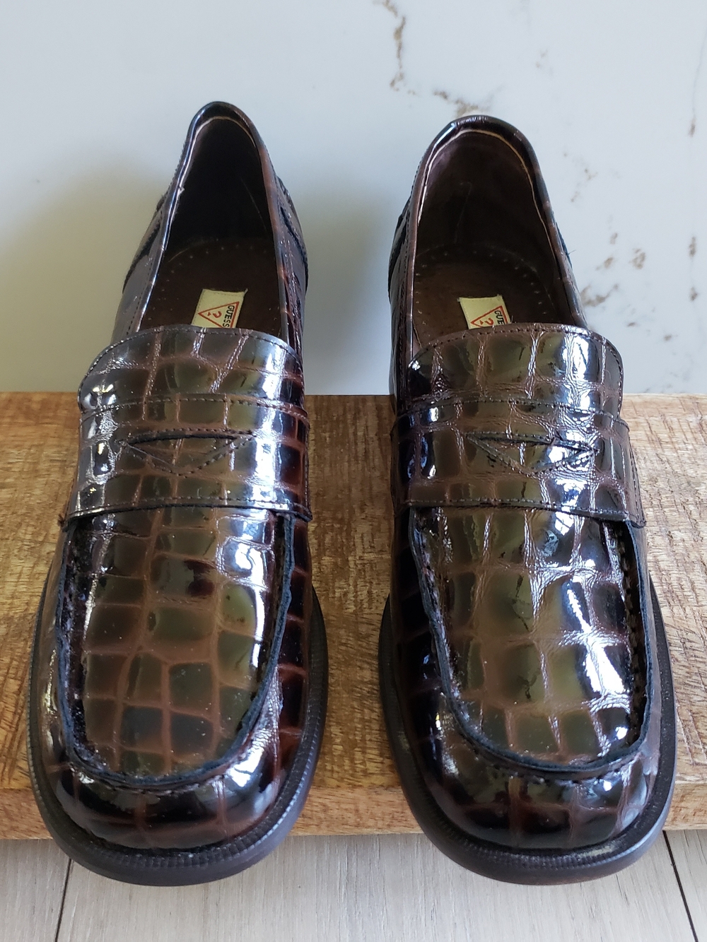 Guess Women's Croc-Embossed Patent Loafers - Dark Brown. Spain. Penny Loafer.